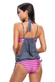 Sexy 2pcs Solid Grey Splice Striped Halter Tankini Swimsuit