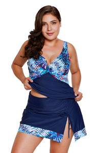 Sexy 2pcs Tropical Print Detail Navy Blue Bathing Suit