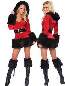 Sexy 3 Piece Hooded Fur Trim Velvet Santa Christmas Costume