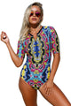 Sexy Abstract Print Zip Front Half Sleeve One Piece Swimsuit