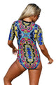 Sexy Abstract Print Zip Front Half Sleeve One Piece Swimsuit