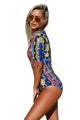 Sexy Abstract Print Zip Front Half Sleeve One Piece Swimsuit