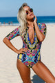 Sexy Abstract Print Zip Front Half Sleeve One Piece Swimsuit