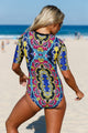 Sexy Abstract Print Zip Front Half Sleeve One Piece Swimsuit