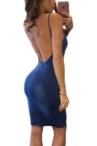 Sexy Alluring Spaghetti Straps Open Back Blue Denim Dress