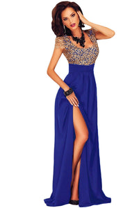 Sexy Amazing Gold Lace Overlay Blue Slit Maxi Evening Gown