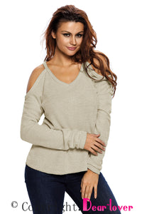 Sexy Apricot Cold Shoulder Knit Long Sleeves Sweater