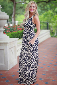 Sexy Apricot Contrast Damask Print Sleeveless Long Dress