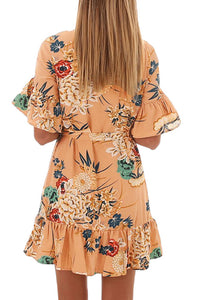 Sexy Apricot Floral Pattern Ruffle Hem Chiffon Dress