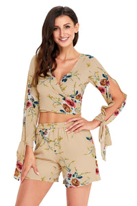 Sexy Apricot Floral Print Split Sleeves Crop Top and Short Set