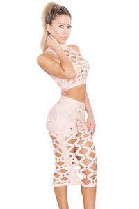 Sexy Apricot Slaver Lattice Hollow-out 3pcs Bandage Skirt Set