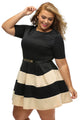 Sexy Apricot Stripes Detail Belted Plus Size Skater Dress