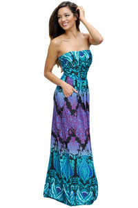 Sexy Aqua Purple Strapless Maxi Dress with Pockets