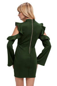 Sexy Army Green Cold Shoulder Ruffle Long Sleeve Bodycon Dress