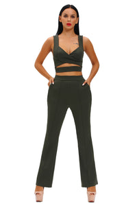 Sexy Army Green Cross Front Crop Top and Pocket Pant Set