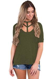 Sexy Army Green Cutout Choker Detail Short Sleeve T-shirts