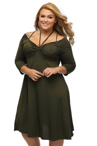 Sexy Army Green Enticing Tie Off-shoulder Plus Size Midi Dress