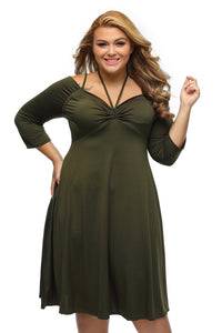 Sexy Army Green Enticing Tie Off-shoulder Plus Size Midi Dress