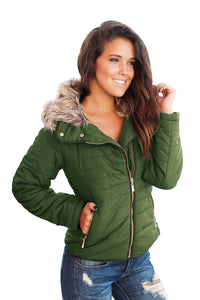 Sexy Army Green Faux Fur Collar Trim Black Quilted Jacket