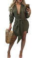 Sexy Army Green Knot Tie Accent Button Down Shirtdress