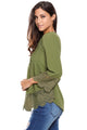 Sexy Army Green Lace Detail Button Up Sleeved Blouse