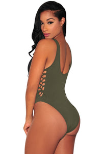 Sexy Army Green Lace up High Cut Bodysuit