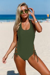 Sexy Army Green Lace up Side Accent Open Back One-piece Swimsuit