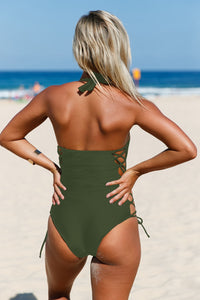 Sexy Army Green Lace up Side Accent Open Back One-piece Swimsuit
