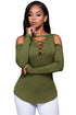 Sexy Army Green Long Sleeve Cut-out Shoulder Ribbed Top