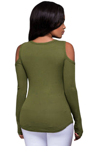 Sexy Army Green Long Sleeve Cut-out Shoulder Ribbed Top