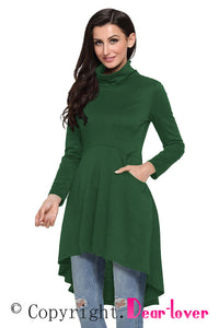Sexy Army Green Long Sleeve Pocket High Low Tunic