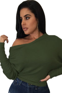 Sexy Army Green Off Shoulder Lightweight Chunky Sweater