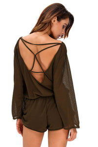 Sexy Army Green Oversize Bodice Long Sleeve Hollow-out Back Romper