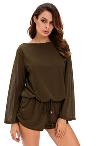 Sexy Army Green Oversize Bodice Long Sleeve Hollow-out Back Romper