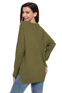Sexy Army Green Oversized Long Sleeve Knitted V-Neck Sweater