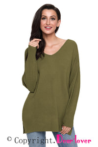 Sexy Army Green Oversized Long Sleeve Knitted V-Neck Sweater