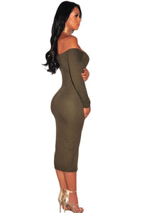 Sexy Army Green Ribbed Knit Off Shoulder Dress