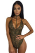 Sexy Army Green Sheer Lace Choker Neck Teddy Lingerie