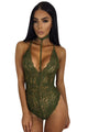 Sexy Army Green Sheer Lace Choker Neck Teddy Lingerie