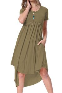 Sexy Army Green Short Sleeve High Low Pleated Casual Swing Dress