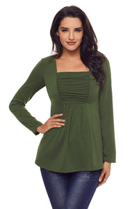 Sexy Army Green Square Neckline Ruched Long Sleeve Blouse