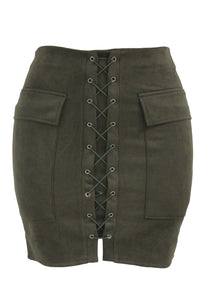Sexy Army Green Suede Lace Up Front Mini Skirt