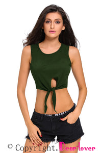 Sexy Army Green Tie Front Sleeveless Crop Top