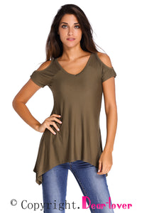 Sexy Army Green V Neck Cold Shoulder Swing Top