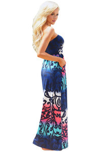 Sexy Baby Blues Multi Print Strapless Maxi Boho Dress