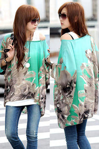 Sexy Batwing Sleeve Floral Print Loose-Fitting Chiffon Blouse