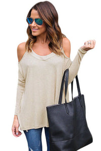 Sexy Beige Long Sleeve Relaxed Fit Cold Shoulder Top