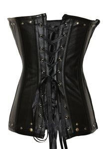 Sexy Black 16 Steel Bone Studded Leather Corset with Thong