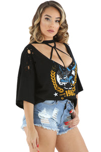 Sexy Black 1967 Graphic Print Ripped Oversize Top