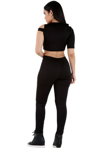 Sexy Black 2pcs One Sleeve Fit Jumpsuit Set